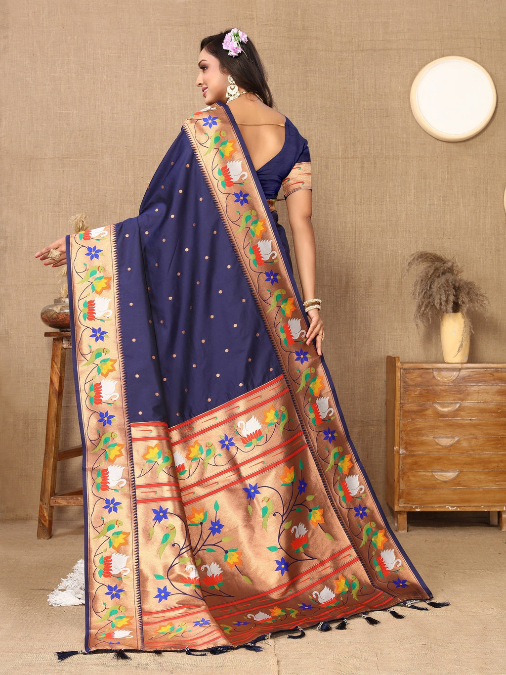 Vedant Vastram Navy Blue Color Paithani Silk Saree - Navy Blue