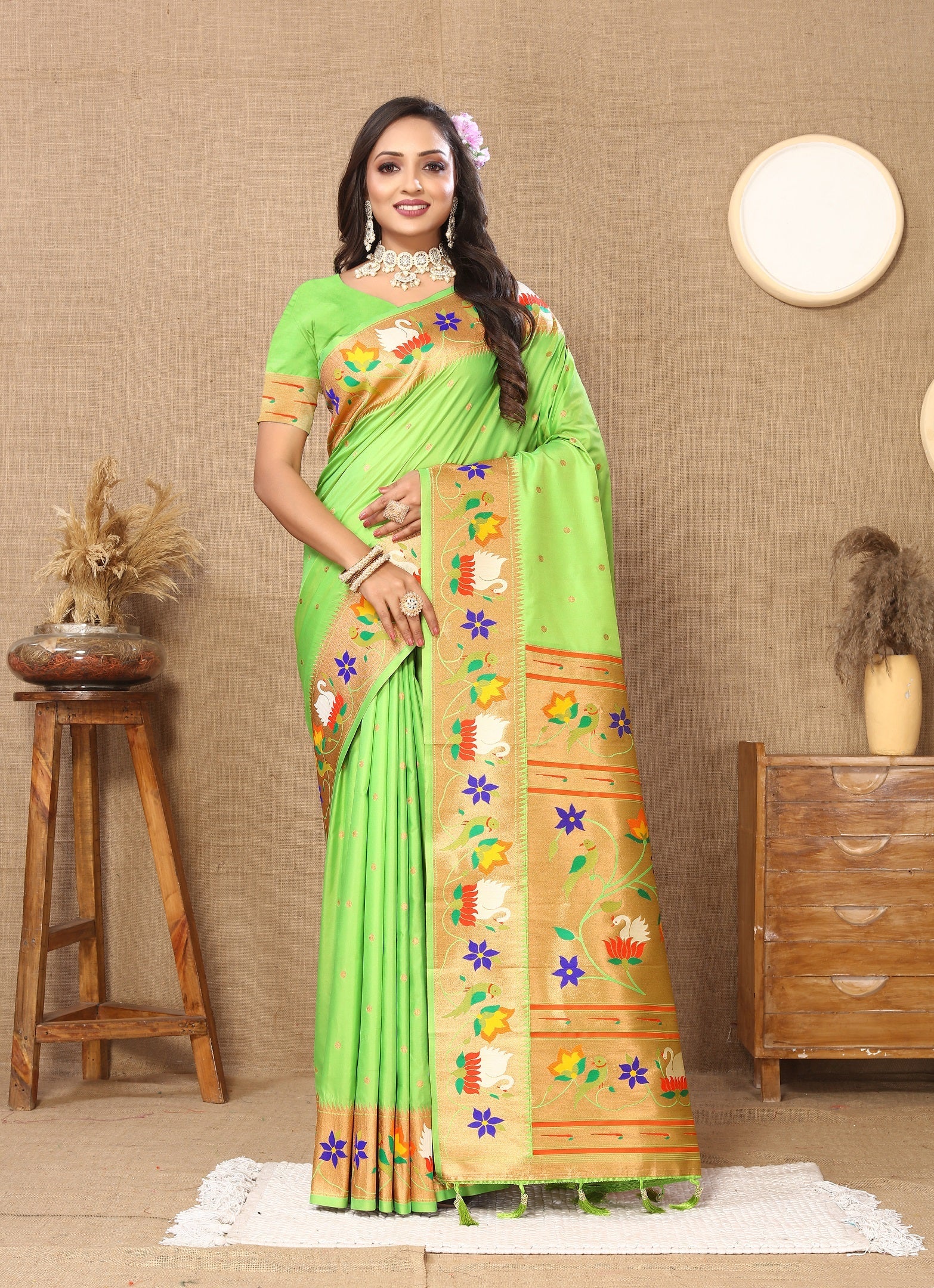 Vedant Vastram Parrot Color Paithani Silk Saree - Parrot