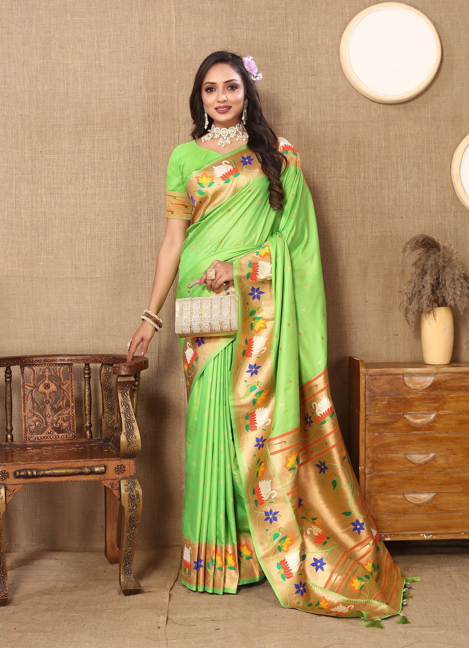 Vedant Vastram Parrot Color Paithani Silk Saree - Parrot