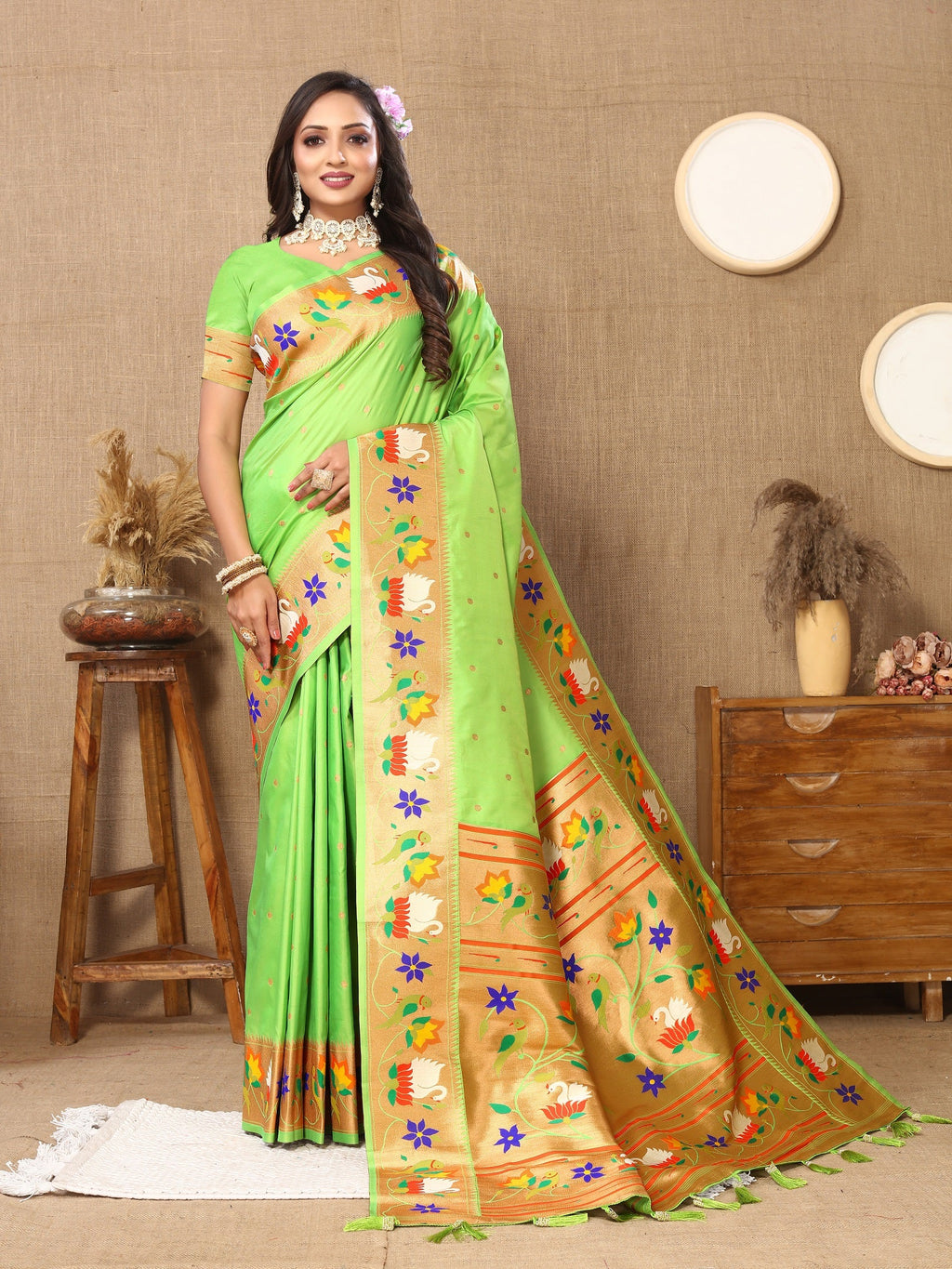 Vedant Vastram Parrot Color Paithani Silk Saree - Parrot