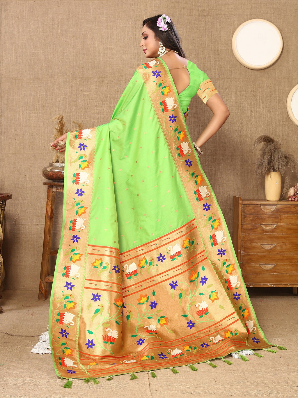 Vedant Vastram Parrot Color Paithani Silk Saree - Parrot