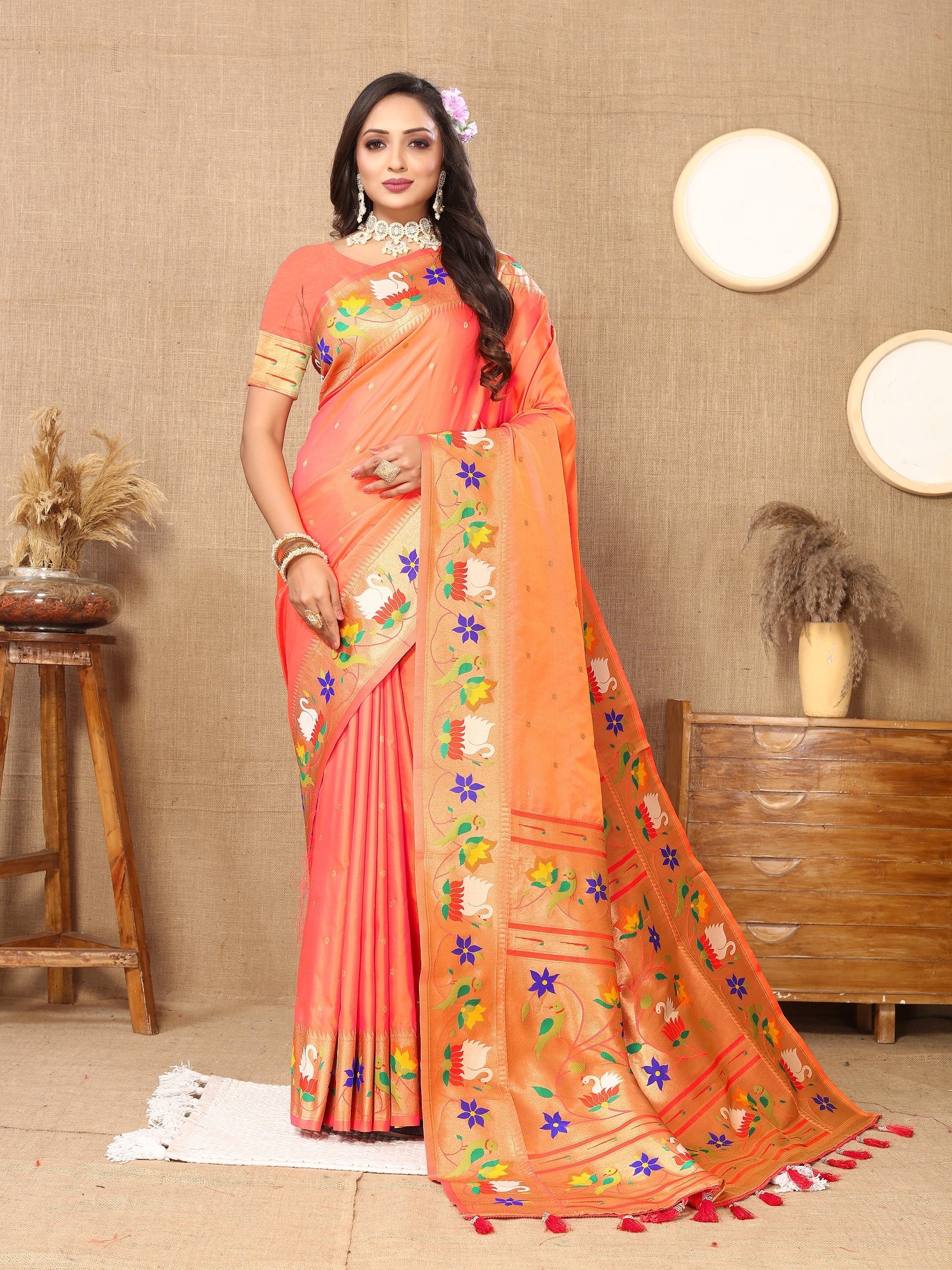 Vedant Vastram Peach Color Paithani Silk Saree - Peach