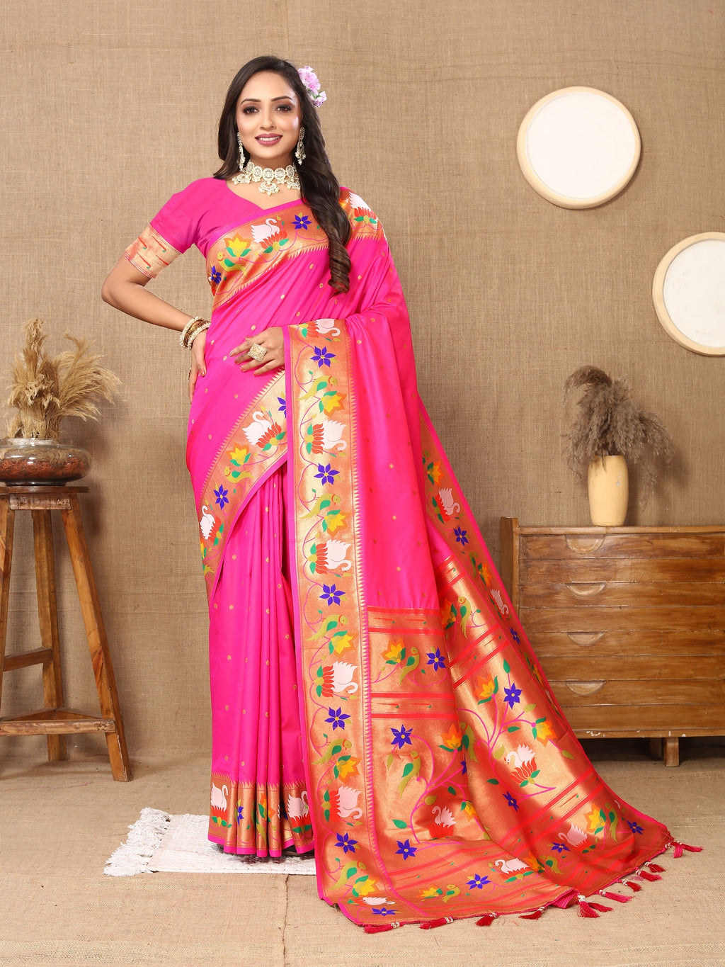 Vedant Vastram Pink Color Paithani Silk Saree - Pink