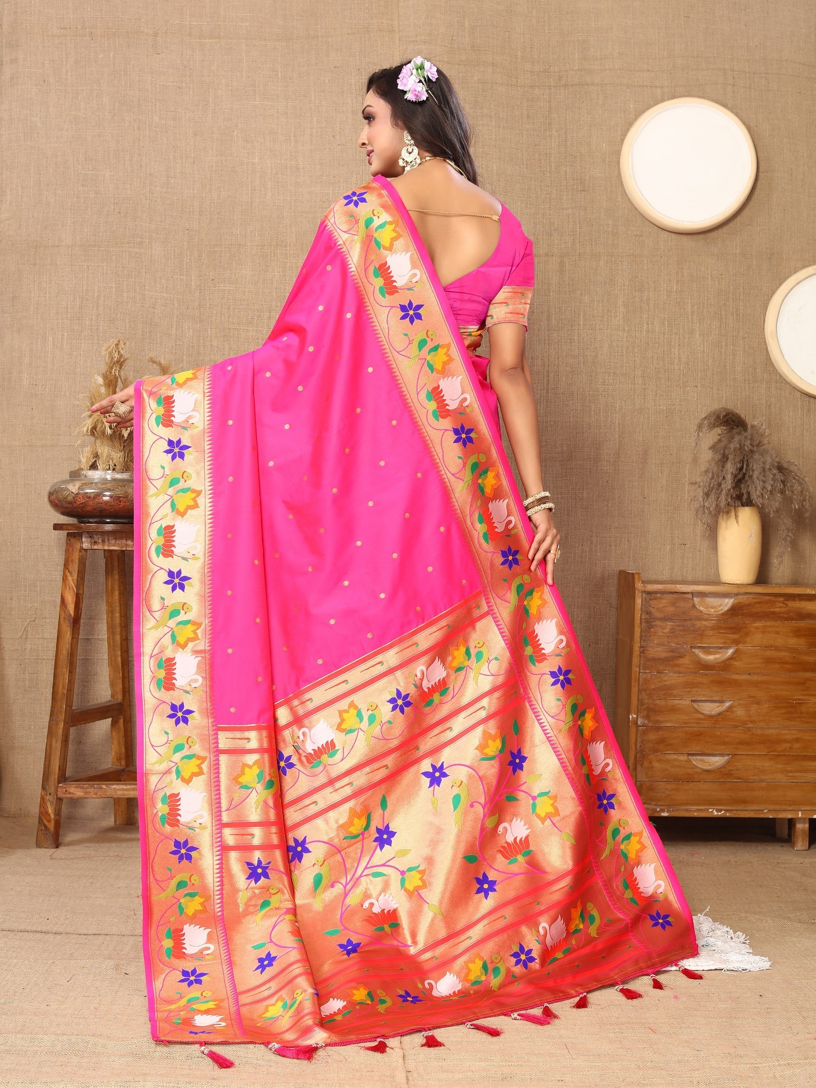 Vedant Vastram Pink Color Paithani Silk Saree - Pink