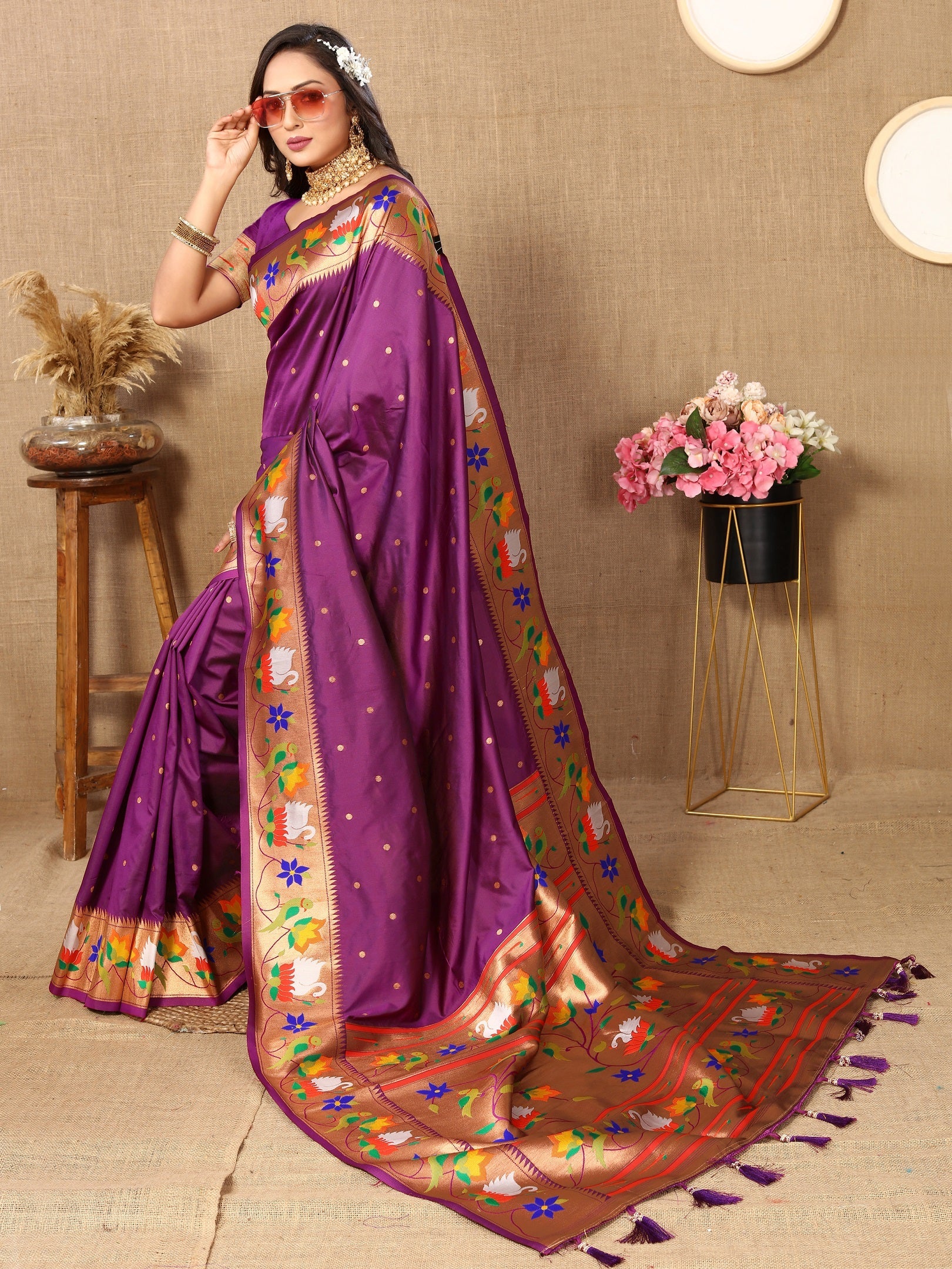 Vedant Vastram Purple Color Paithani Silk Saree - Purple