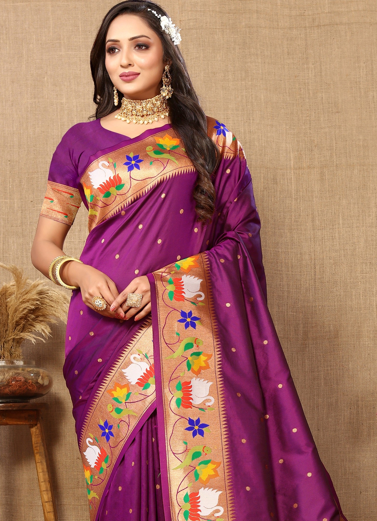 Vedant Vastram Purple Color Paithani Silk Saree - Purple