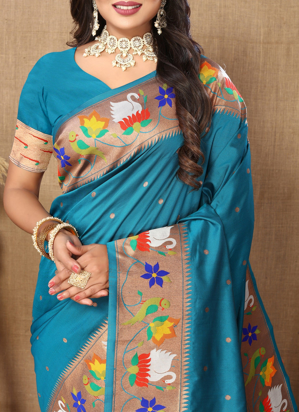 Vedant Vastram Rama Color Paithani Silk Saree - Rama