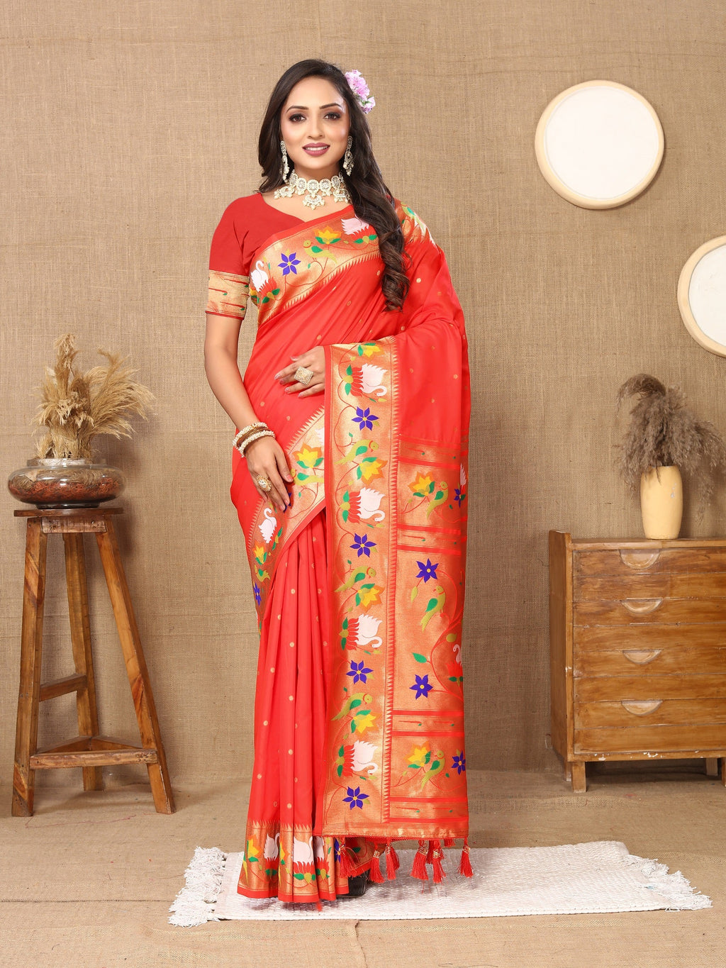 Vedant Vastram Red Color Paithani Silk Saree - Red