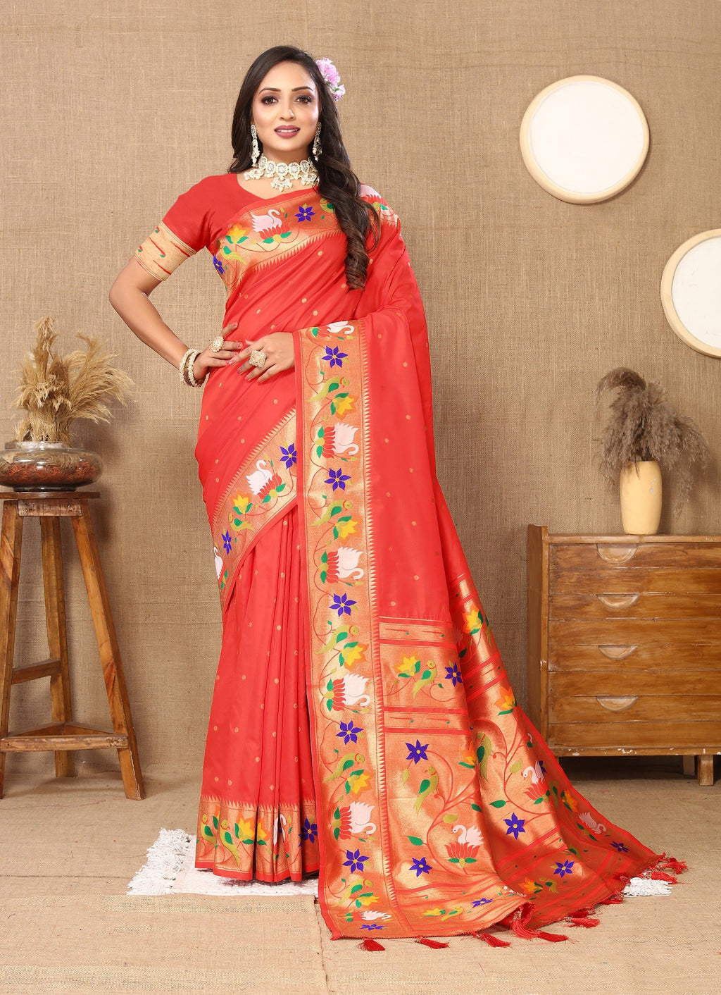 Vedant Vastram Red Color Paithani Silk Saree - Red