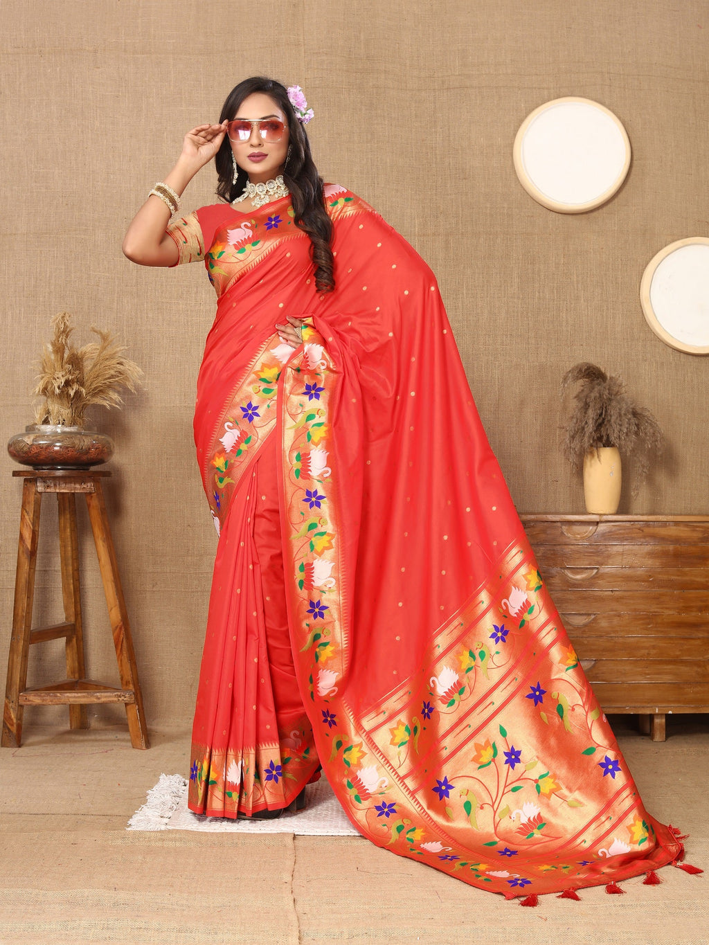 Vedant Vastram Red Color Paithani Silk Saree - Red