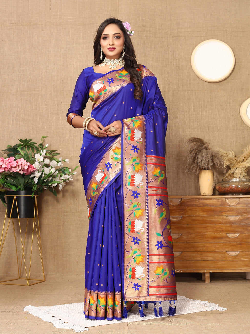 Vedant Vastram Royal Blue Color Paithani Silk Saree - Royal Blue