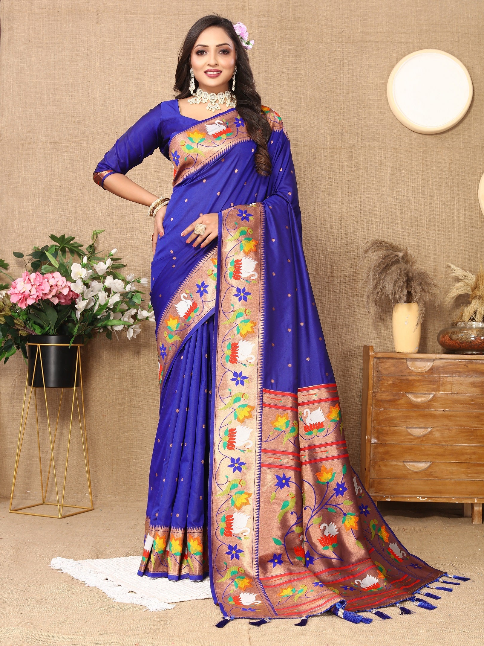 Vedant Vastram Royal Blue Color Paithani Silk Saree - Royal Blue