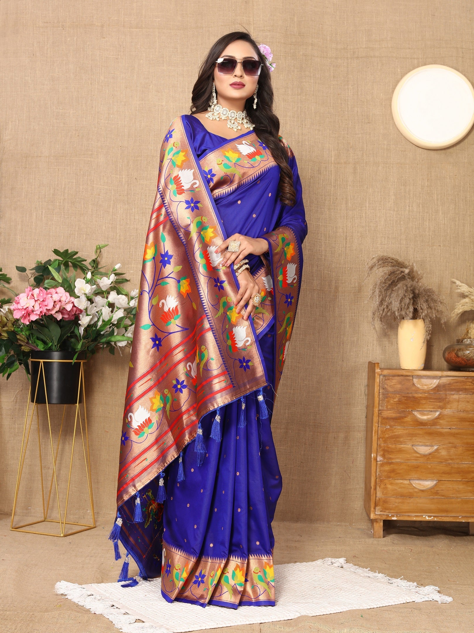 Vedant Vastram Royal Blue Color Paithani Silk Saree - Royal Blue