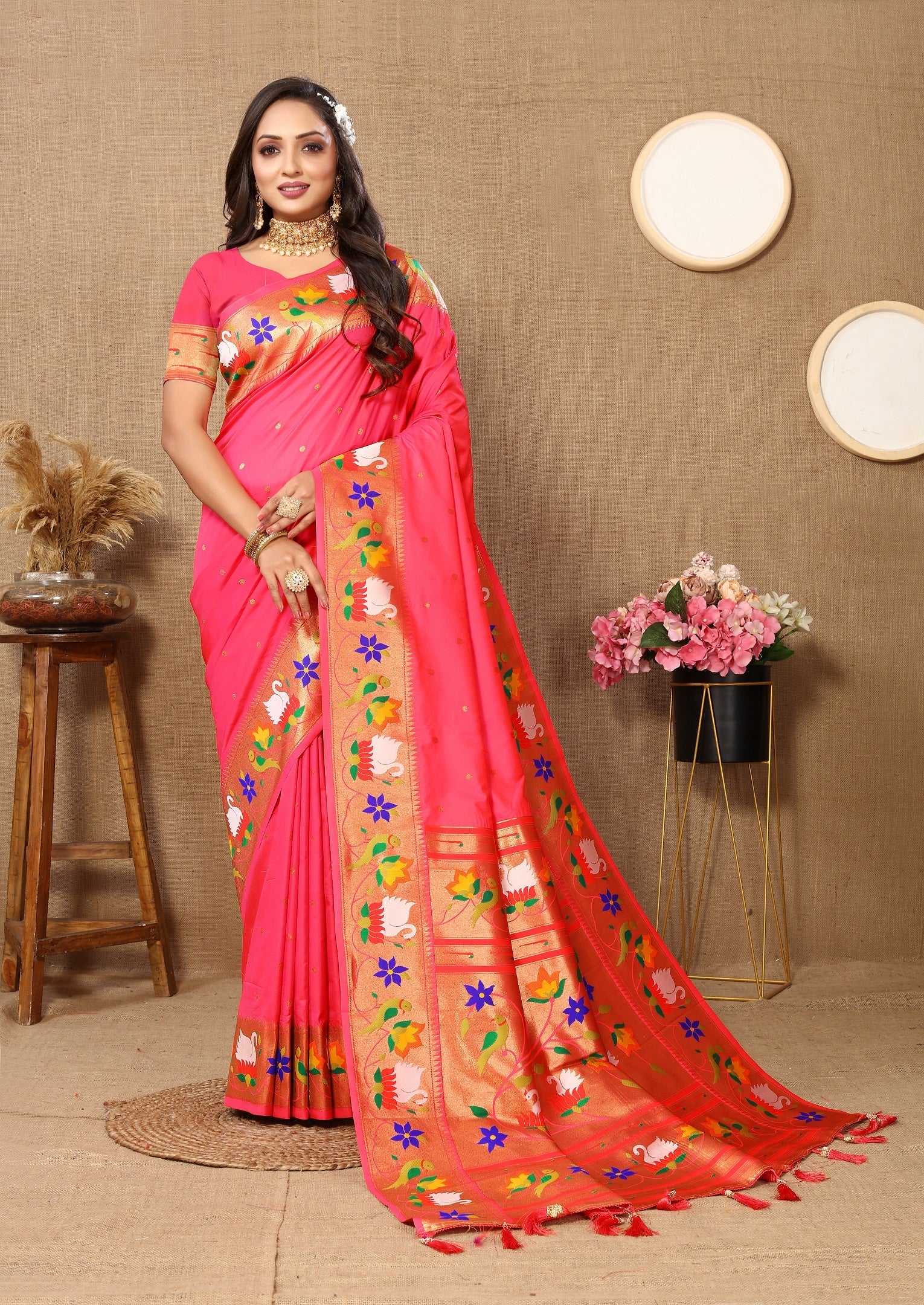 Vedant Vastram Tomato Color Paithani Silk Saree - Tomato