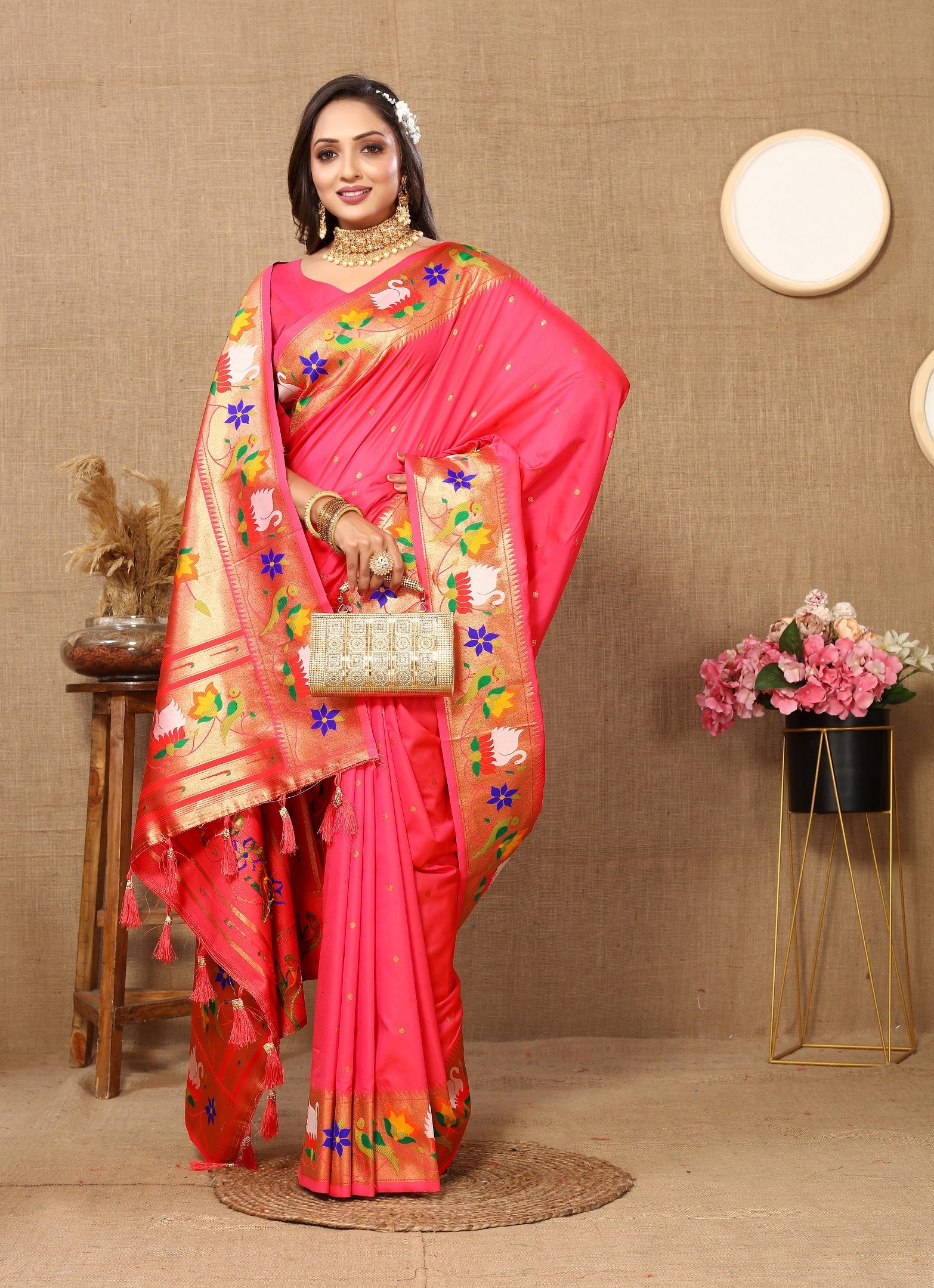 Vedant Vastram Tomato Color Paithani Silk Saree - Tomato