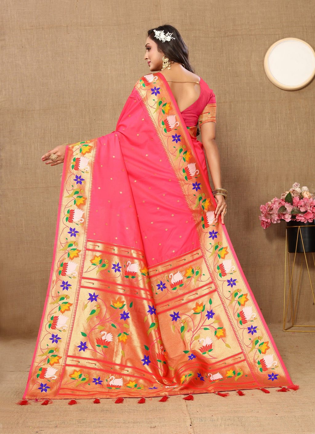 Vedant Vastram Tomato Color Paithani Silk Saree - Tomato