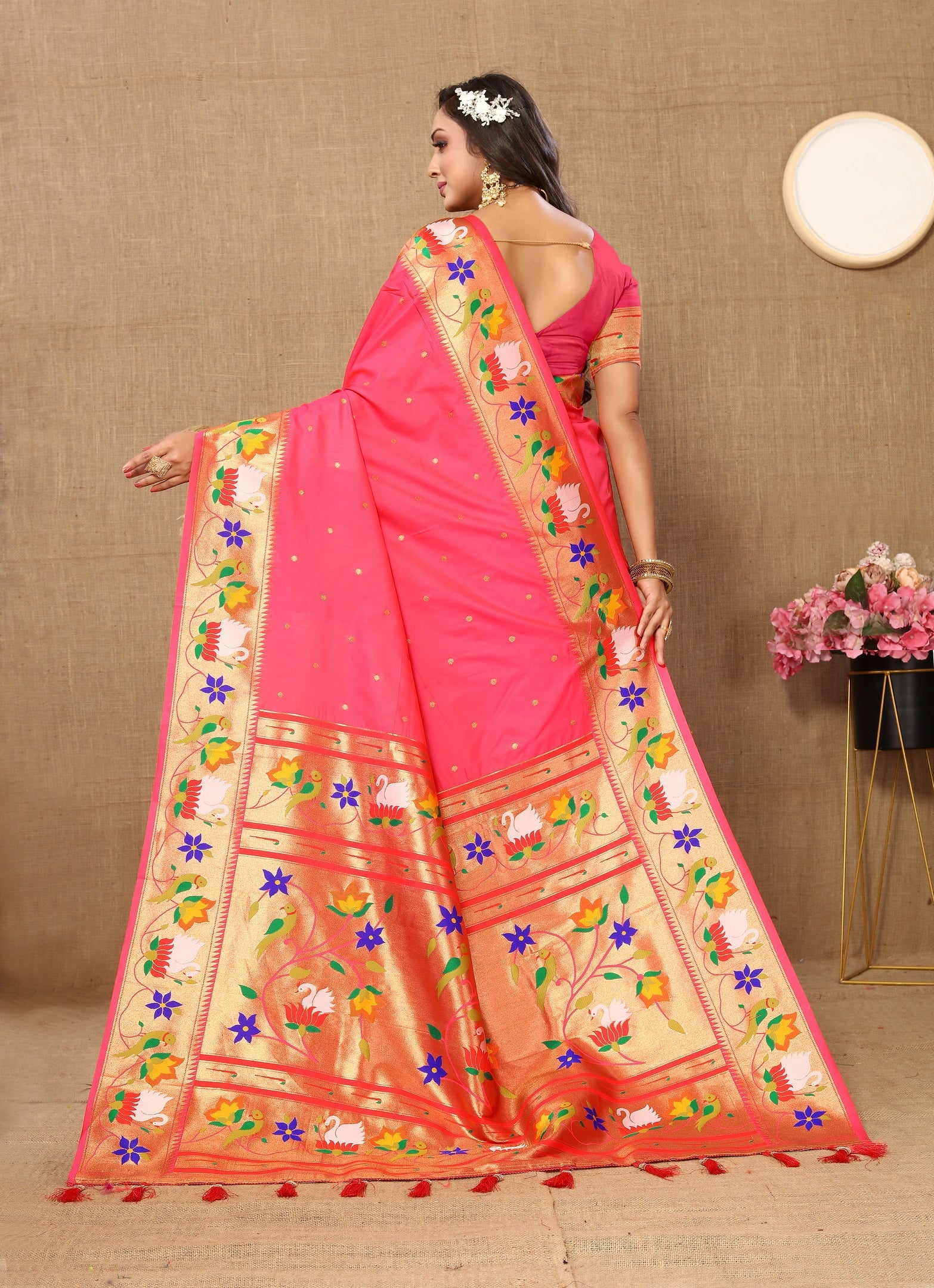 Vedant Vastram Tomato Color Paithani Silk Saree - Tomato