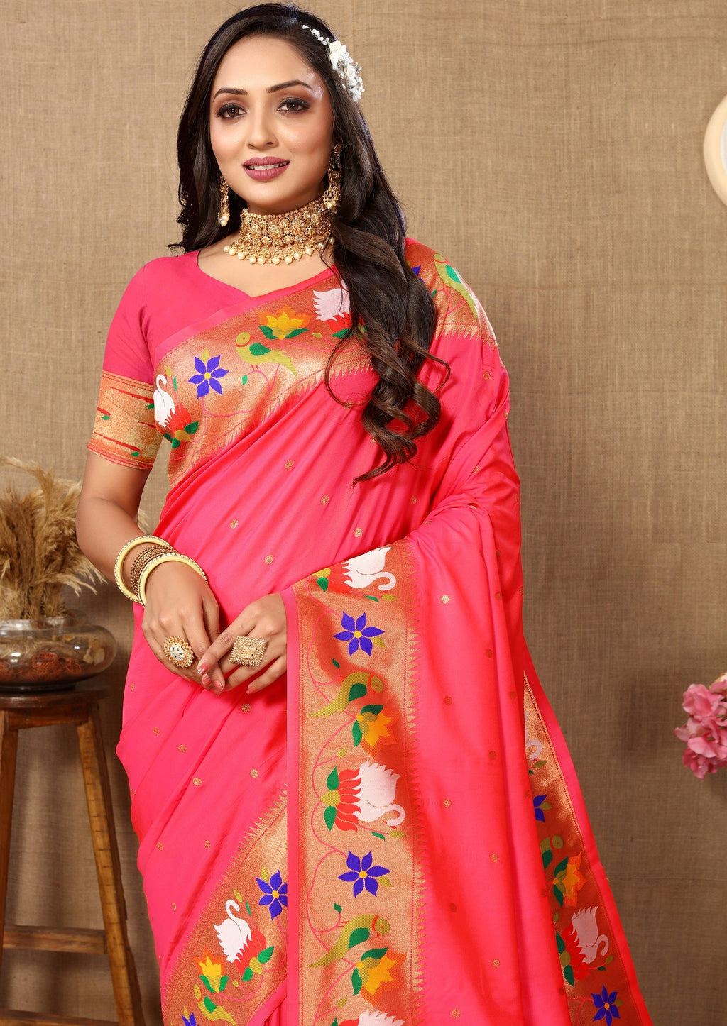 Vedant Vastram Tomato Color Paithani Silk Saree - Tomato
