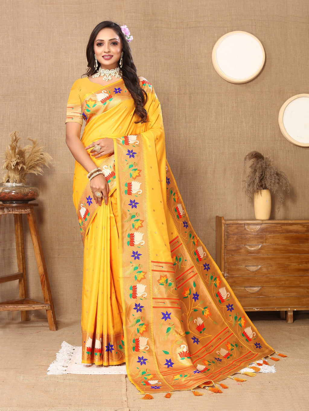 Vedant Vastram Yellow Color Paithani Silk Saree - Yellow