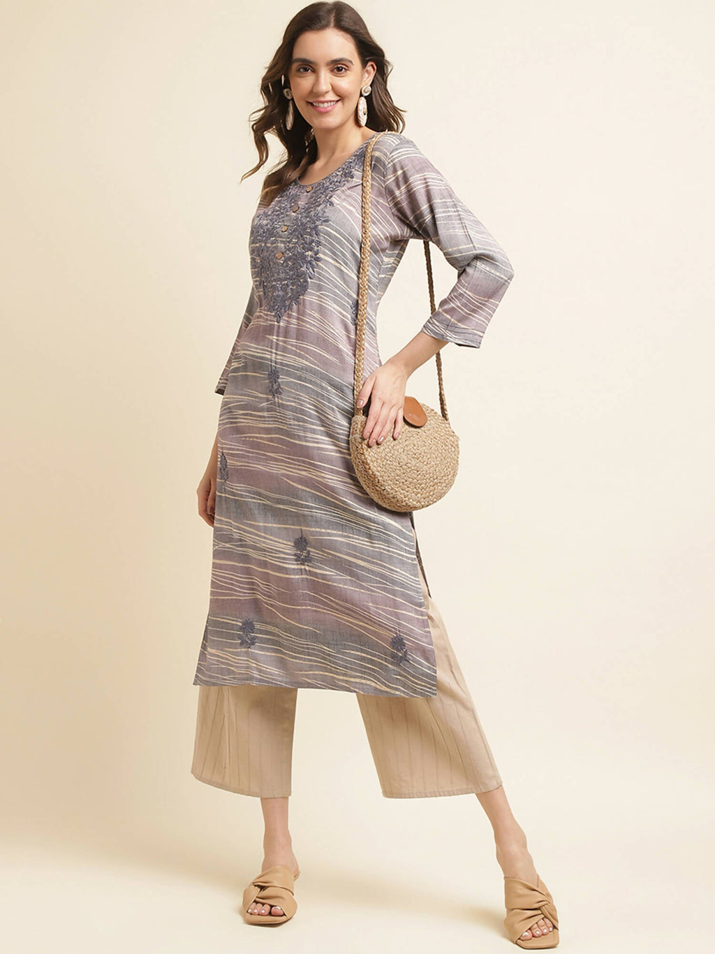 Grey Poly Rayon Stripe Printed Straight Fit Kurta - Prasuti