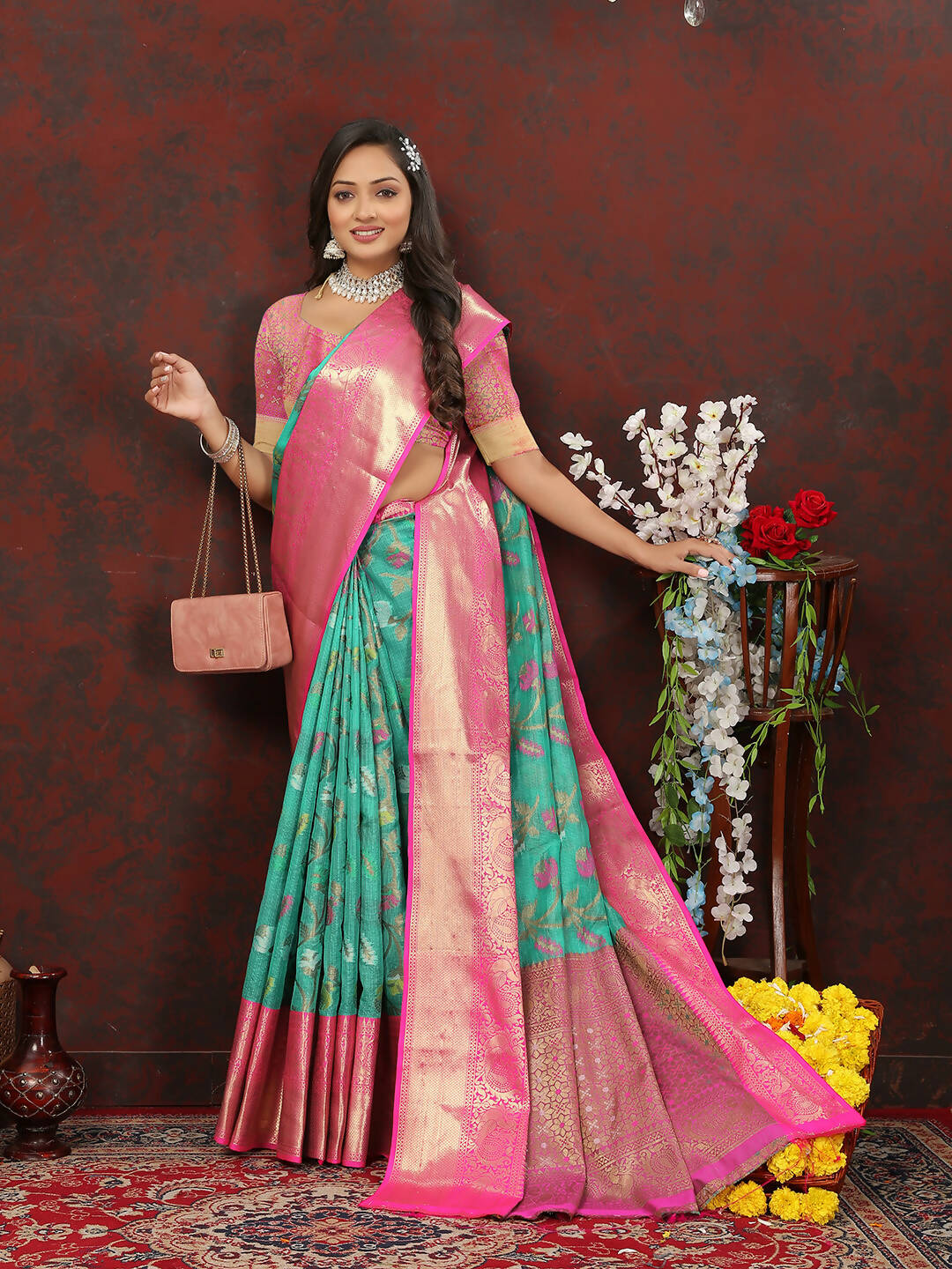 Lorenvalley Fashion Teal Cotton Woven Design Zari Meenakari Weaving Saree