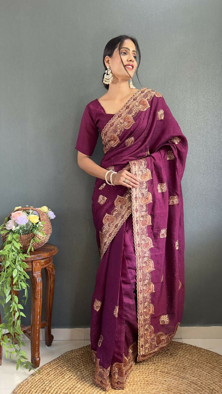 Vastranavya Purple Vichitra Silk Zari with Swarovski Work Ready to Wear Saree