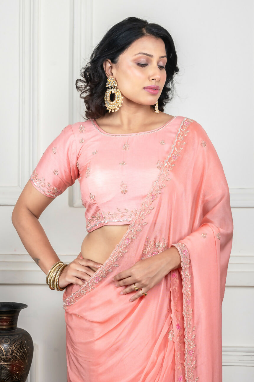 Morchari Peach Chiffon Hand Embroidery Saree And Stitched Blouse