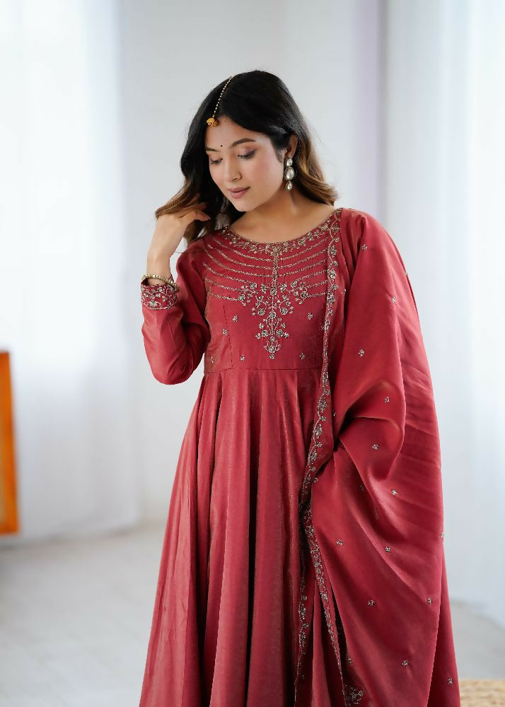 Joban Fashion Maroon Kurta Set Chanderi Sequence Embroidery Work