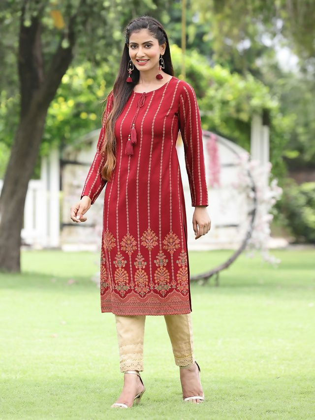 Juniper Maroon Ethnic Motif Printed Acrylic Straight Kurta.