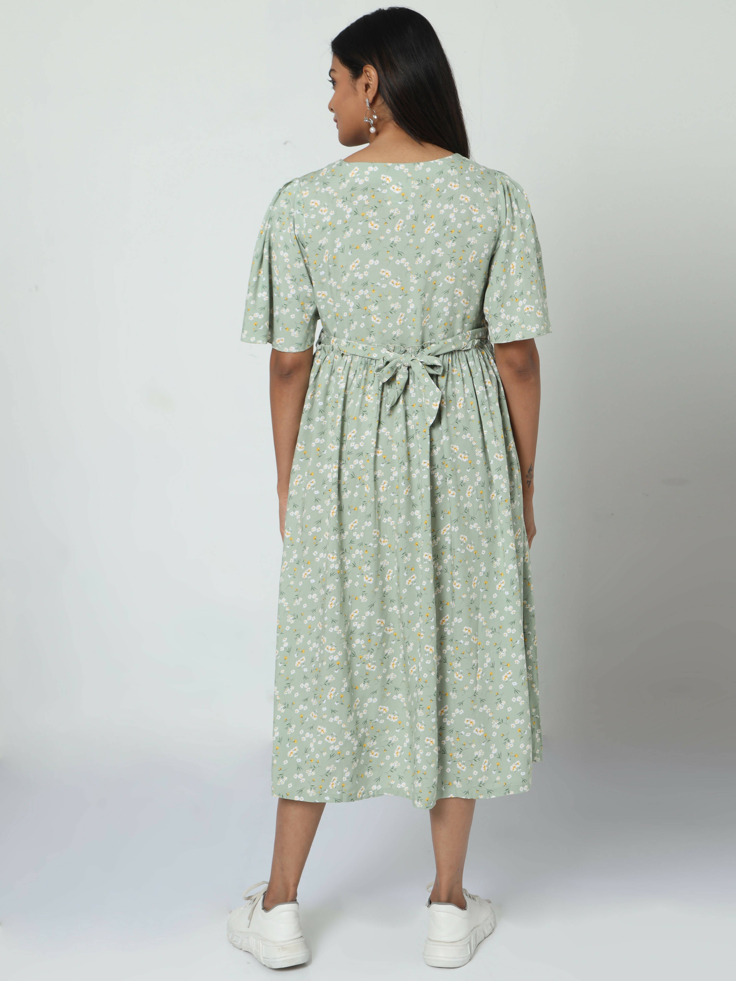 Manet Frill Slevees Maternity Dress Floral Print With Concealed Zipper Nursing Access - Green