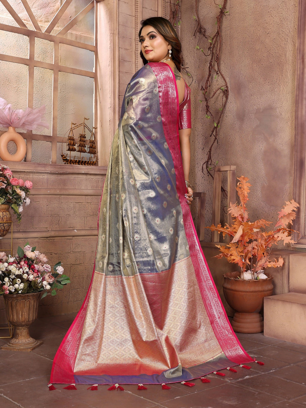 Vedant Vastram Tissue Silk Kanjeevaram Silk Saree - Blue