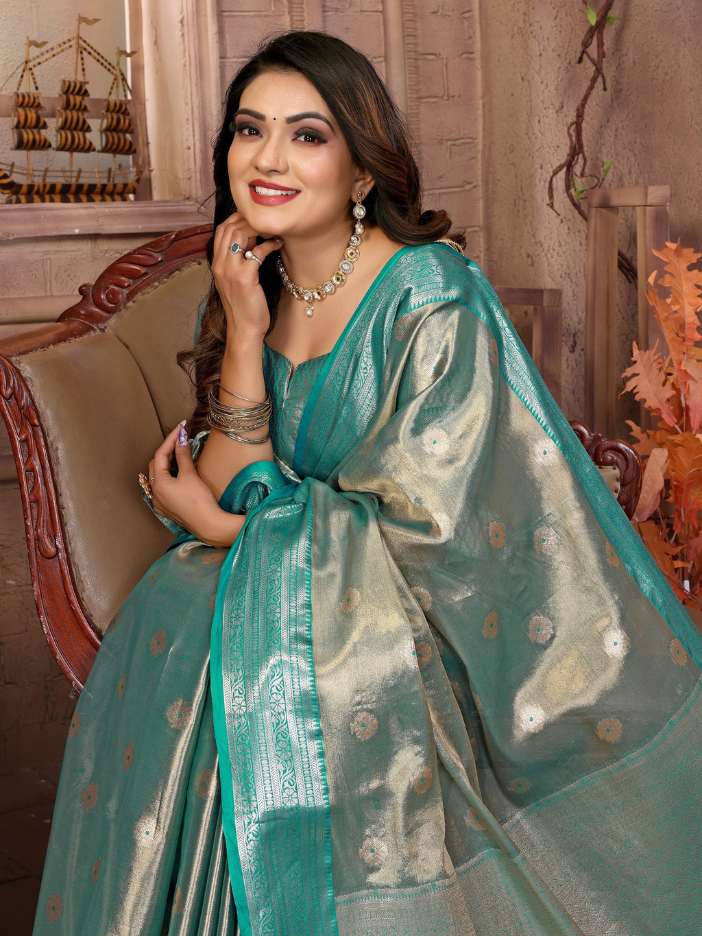 Vedant Vastram Tissue Silk Kanjeevaram Silk Saree - Rama