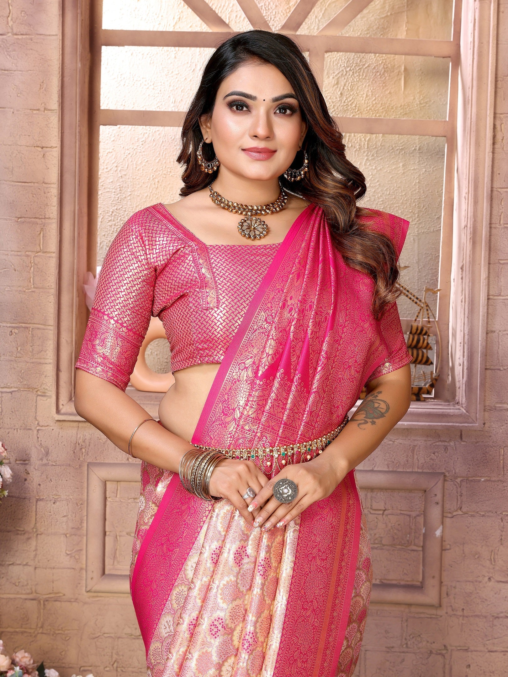 Vedant Vastram Soft Litchi Silk Kanjeevaram Silk Saree - Cream