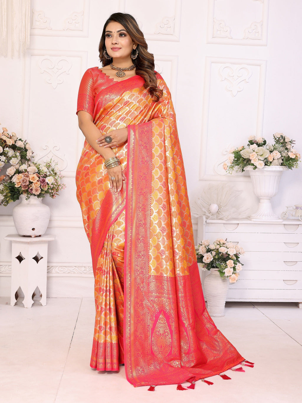 Vedant Vastram Soft Litchi Silk Kanjeevaram Silk Saree - Mustard