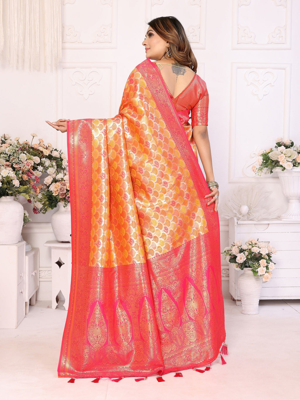 Vedant Vastram Soft Litchi Silk Kanjeevaram Silk Saree - Mustard
