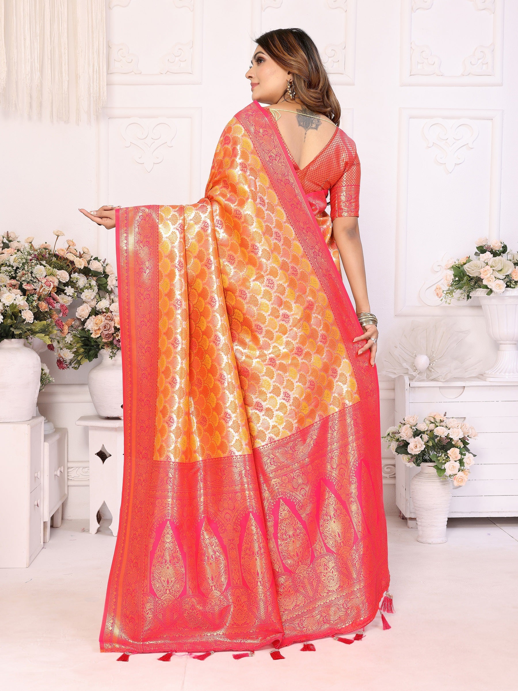 Vedant Vastram Soft Litchi Silk Kanjeevaram Silk Saree - Mustard