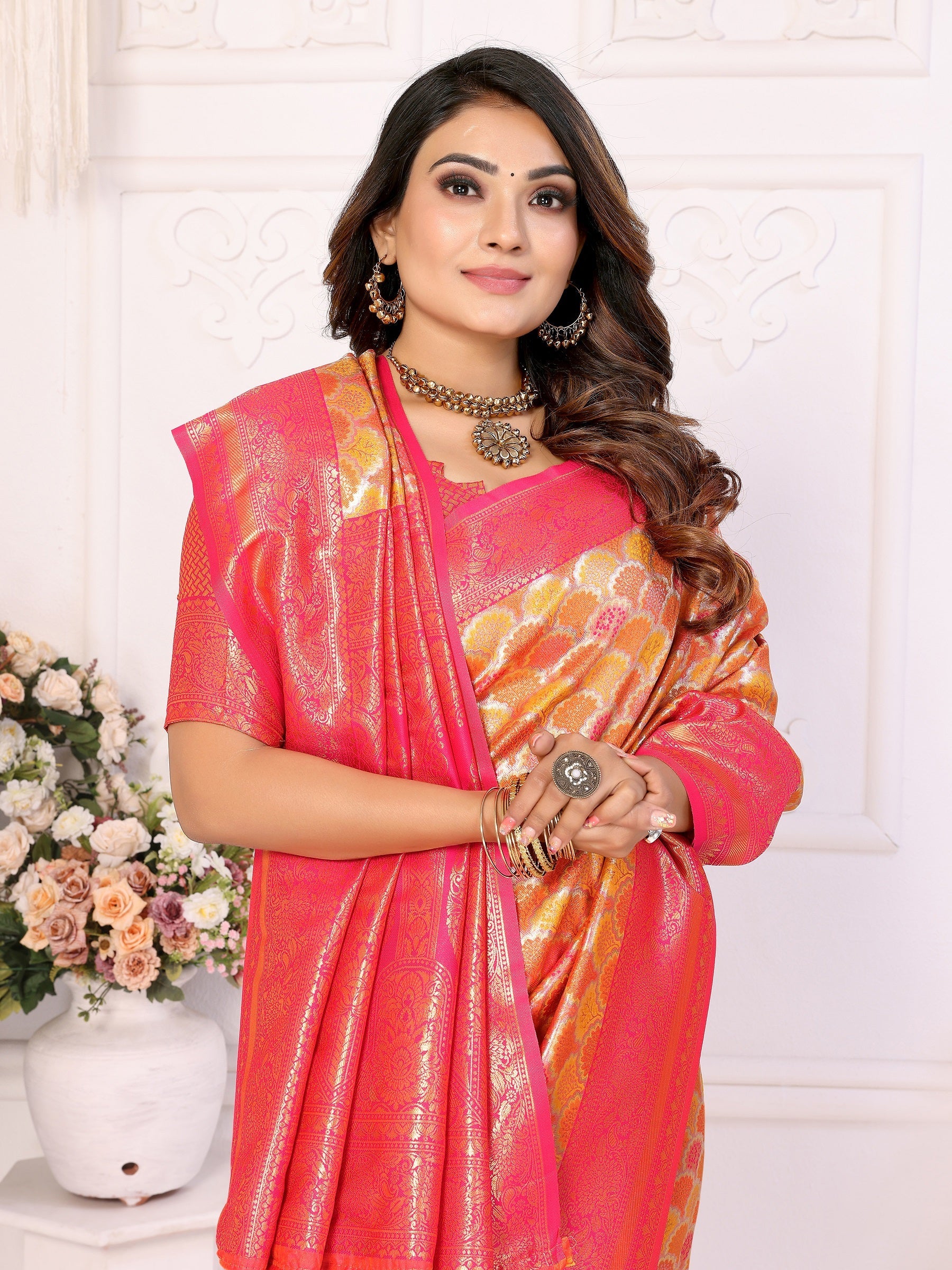 Vedant Vastram Soft Litchi Silk Kanjeevaram Silk Saree - Mustard