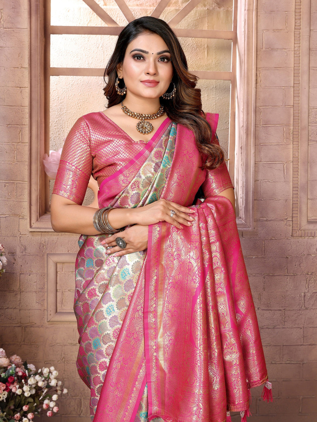 Vedant Vastram Soft Litchi Silk Kanjeevaram Silk Saree - Parrot