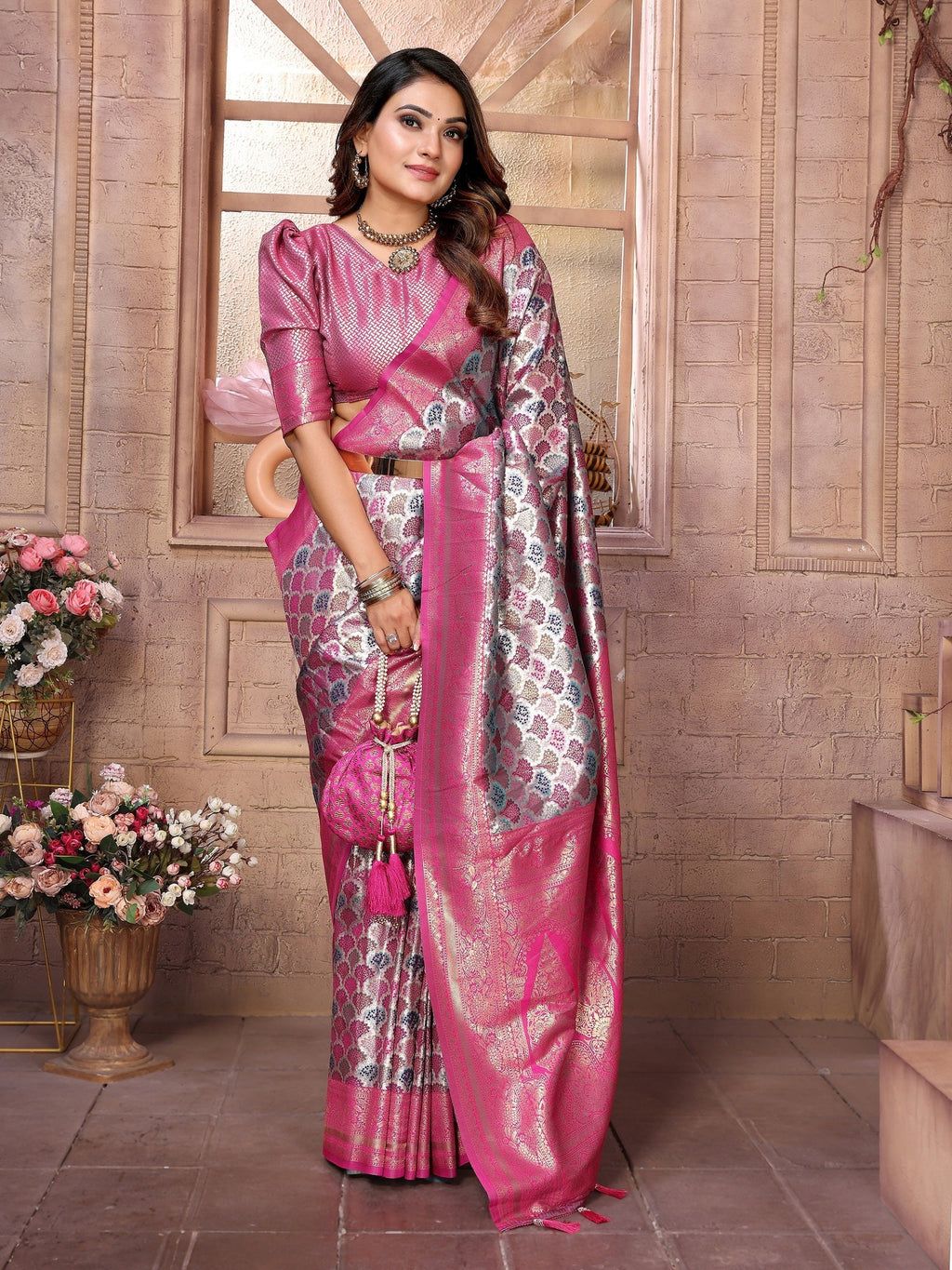 Vedant Vastram Soft Litchi Silk Kanjeevaram Silk Saree - Pink