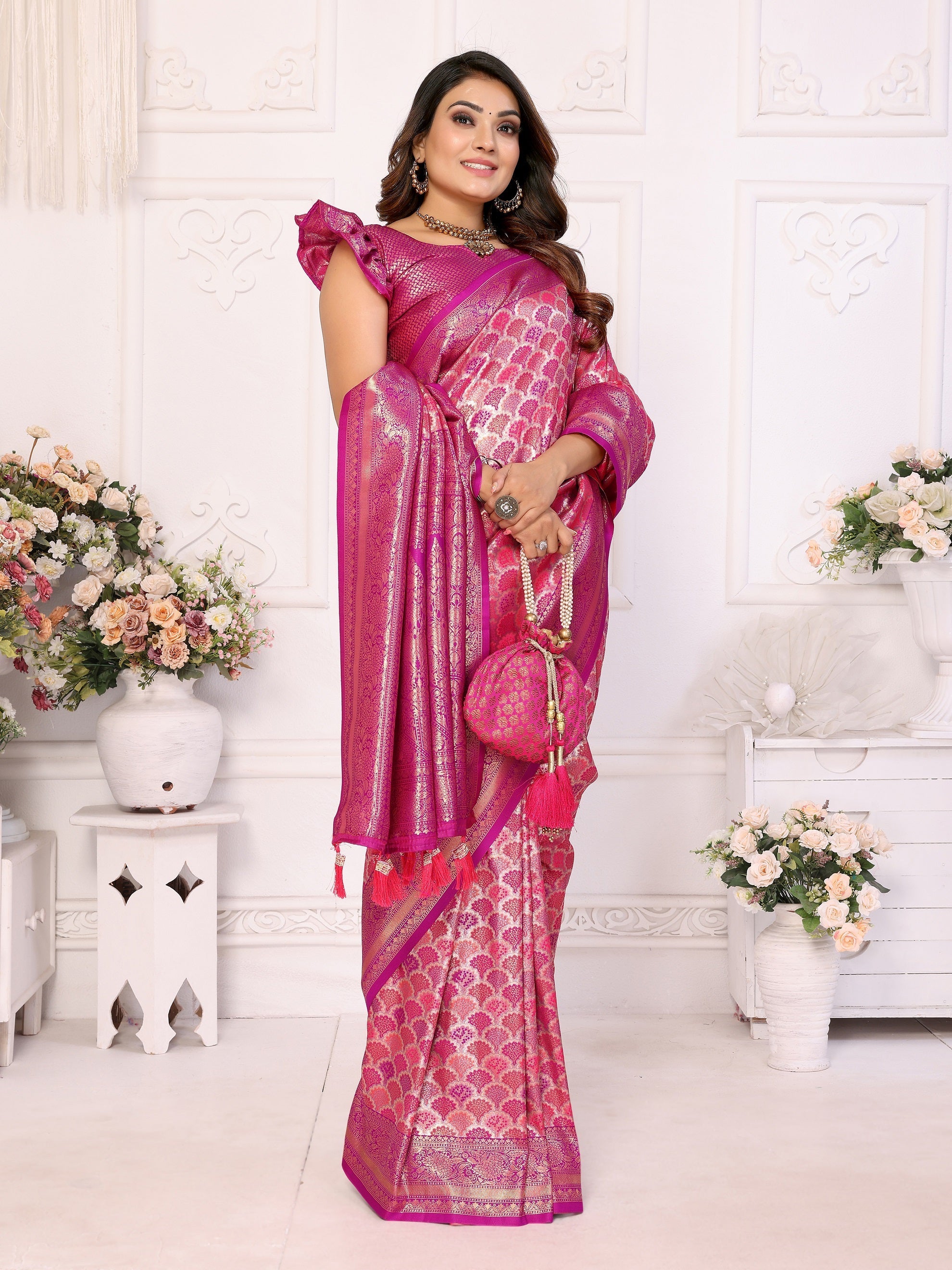 Vedant Vastram Soft Litchi Silk Kanjeevaram Silk Saree - Rani