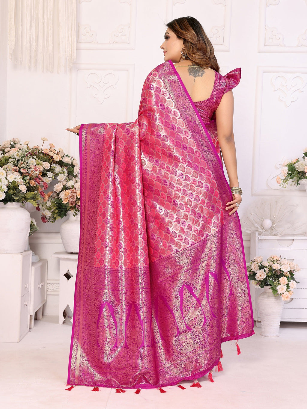 Vedant Vastram Soft Litchi Silk Kanjeevaram Silk Saree - Rani