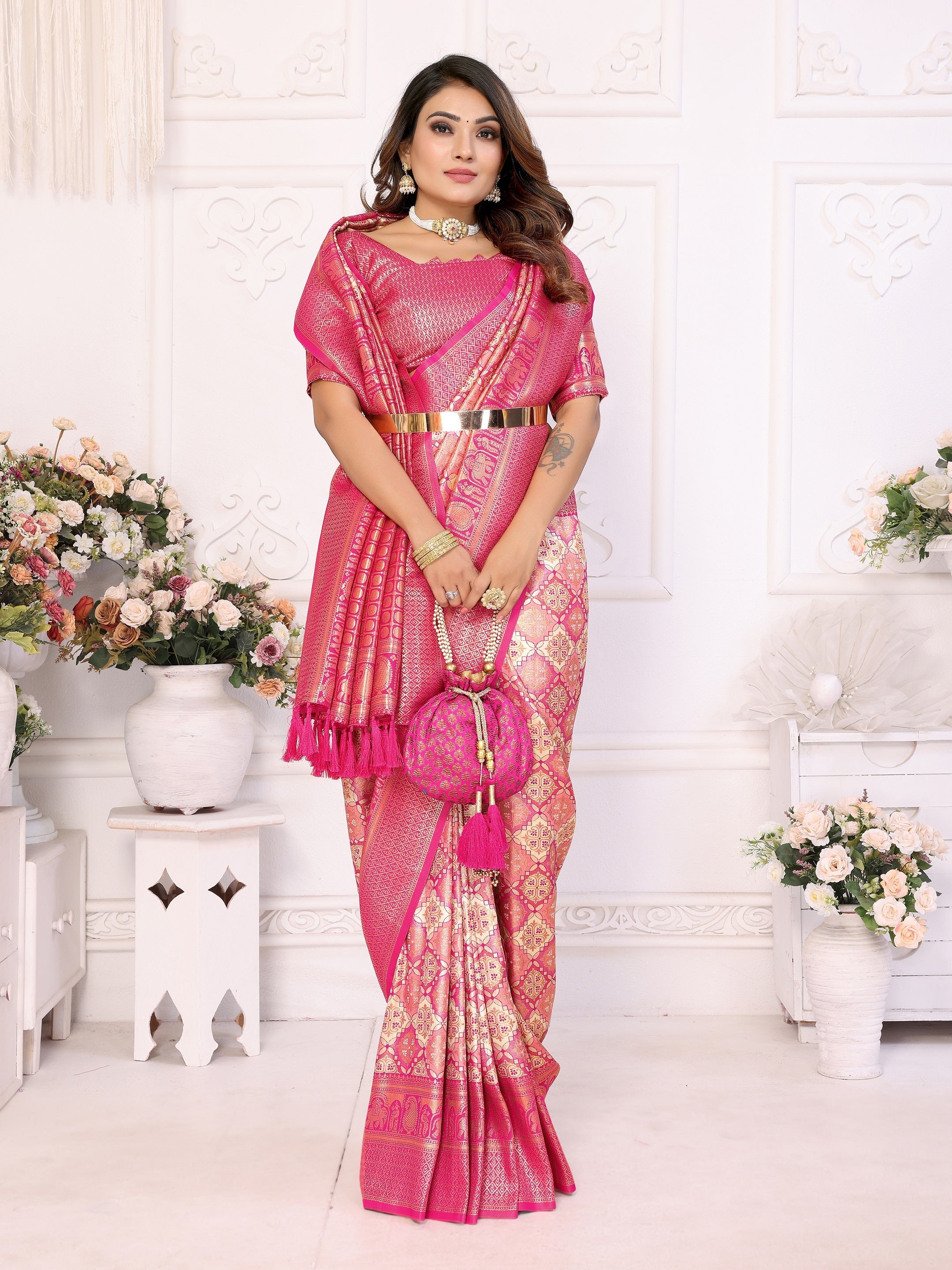 Vedant Vastram Soft Litchi Silk Kanjeevaram Silk Saree - Beige