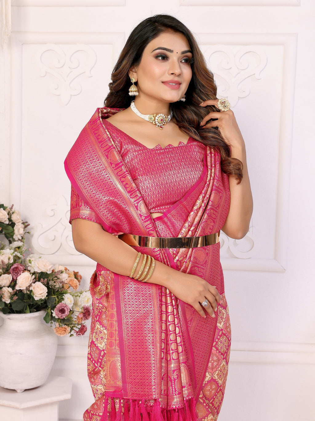 Vedant Vastram Soft Litchi Silk Kanjeevaram Silk Saree - Beige
