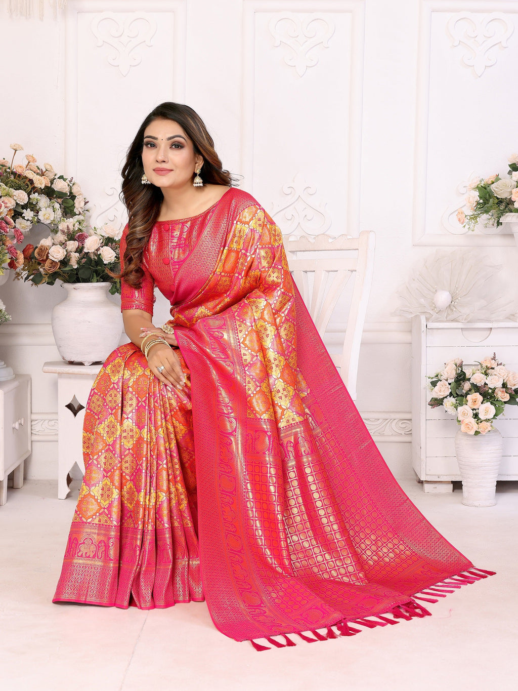 Vedant Vastram Soft Litchi Silk Kanjeevaram Silk Saree - Orange