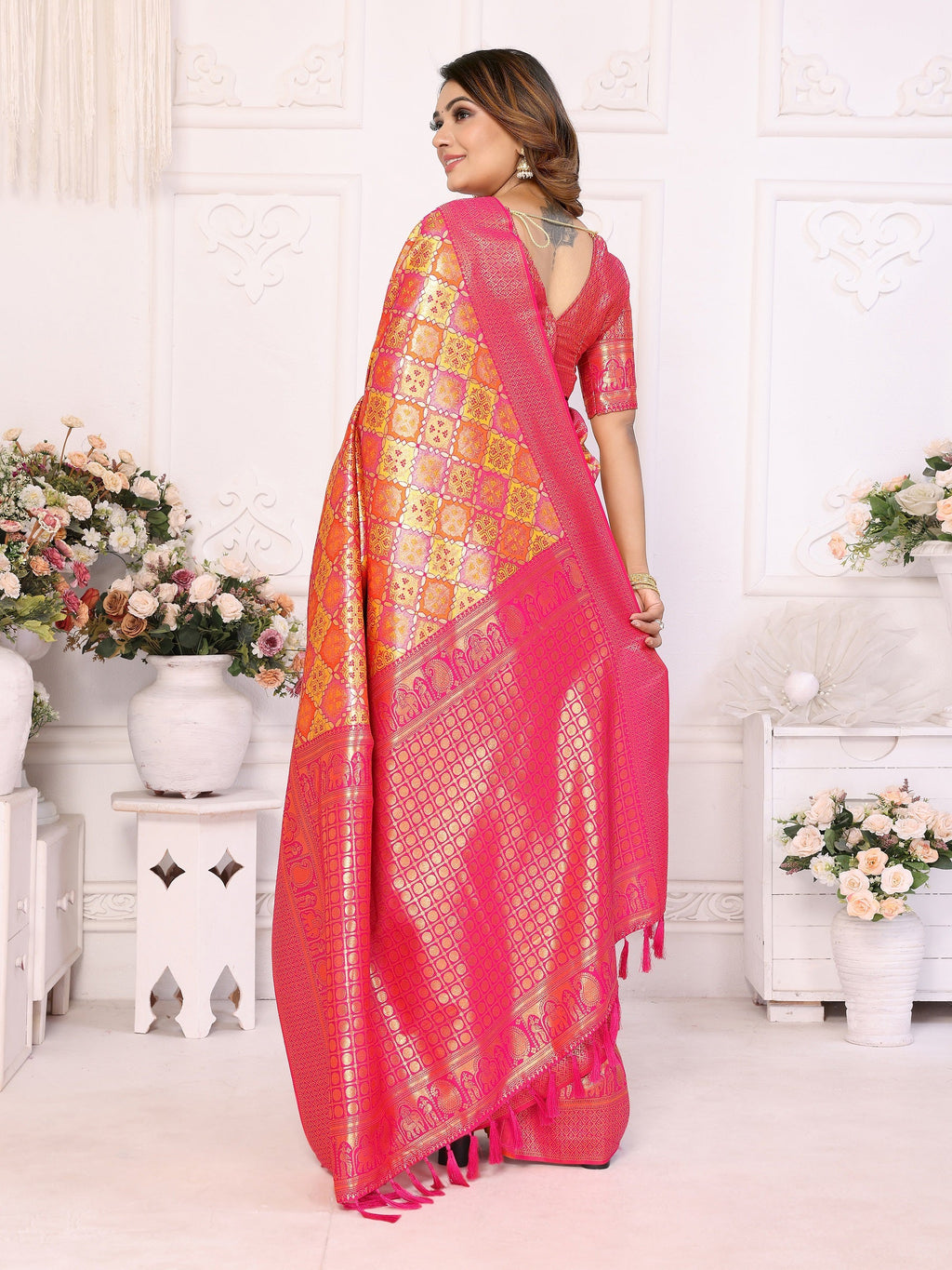 Vedant Vastram Soft Litchi Silk Kanjeevaram Silk Saree - Orange