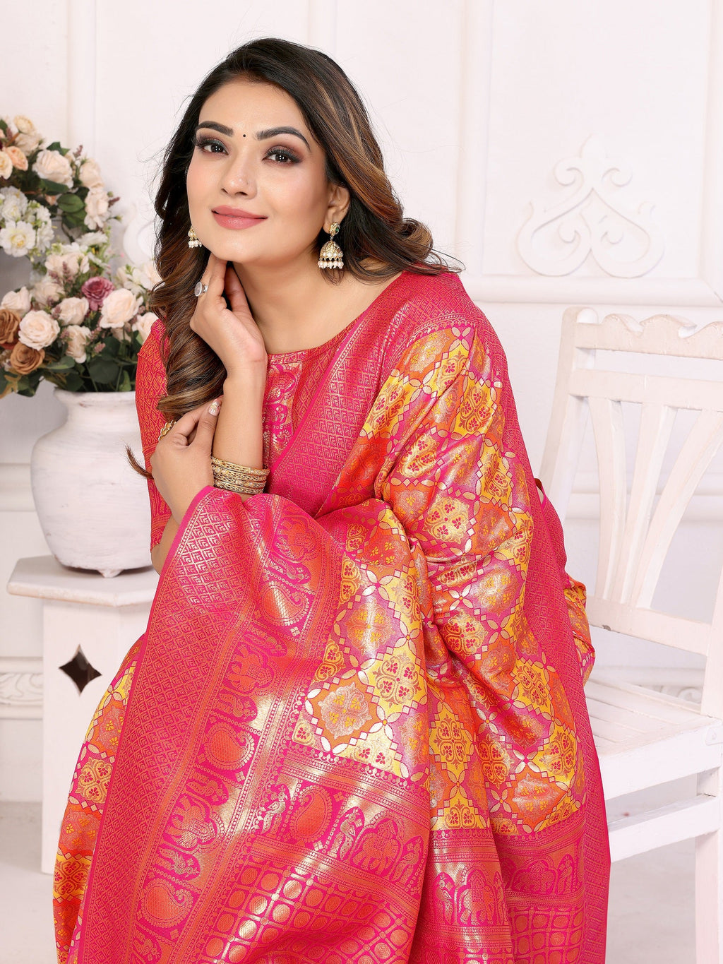 Vedant Vastram Soft Litchi Silk Kanjeevaram Silk Saree - Orange