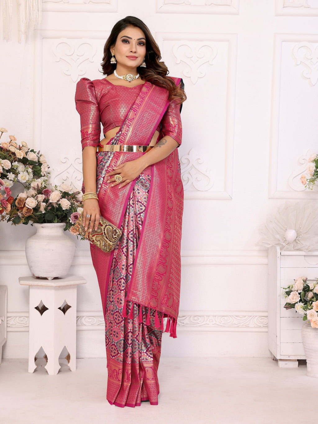 Vedant Vastram Soft Litchi Silk Kanjeevaram Silk Saree - Pink