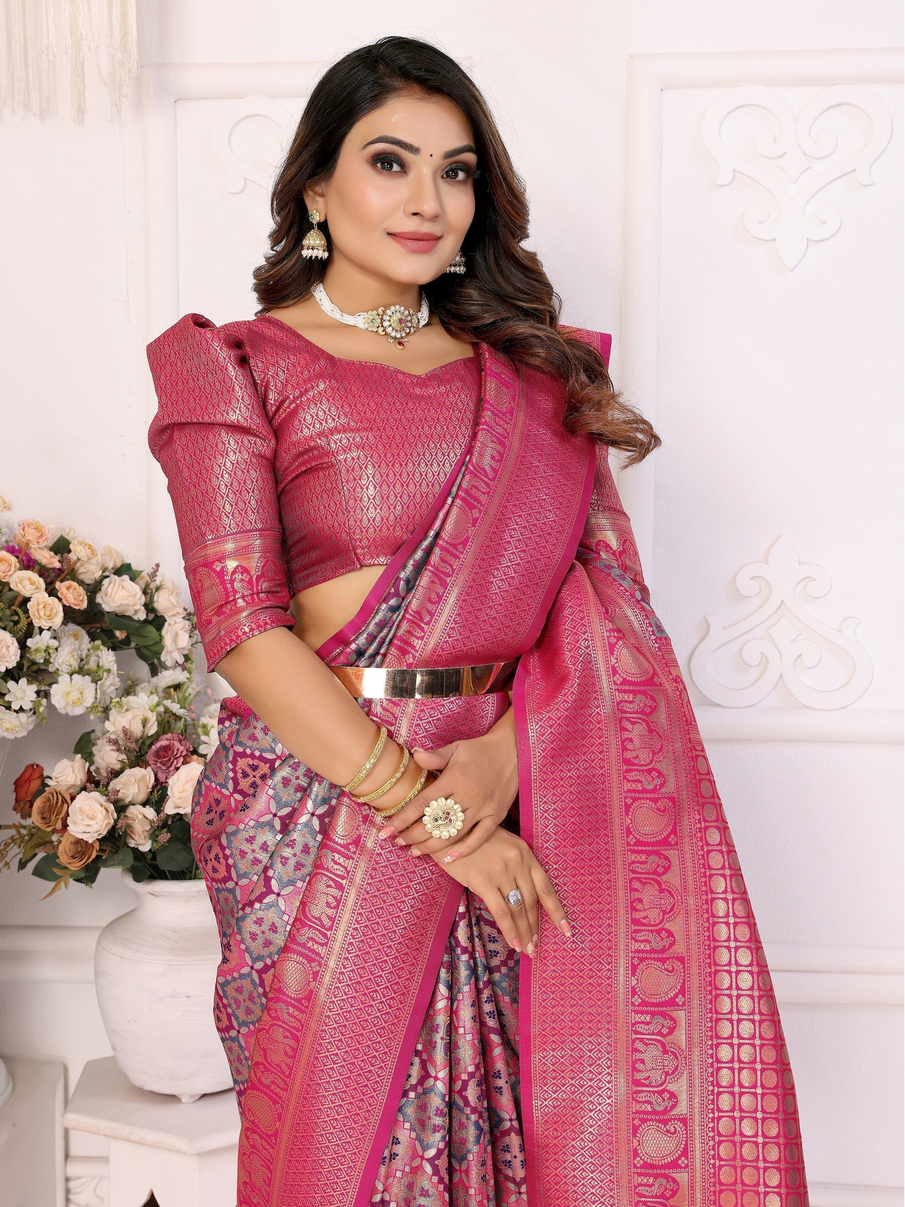 Vedant Vastram Soft Litchi Silk Kanjeevaram Silk Saree - Pink