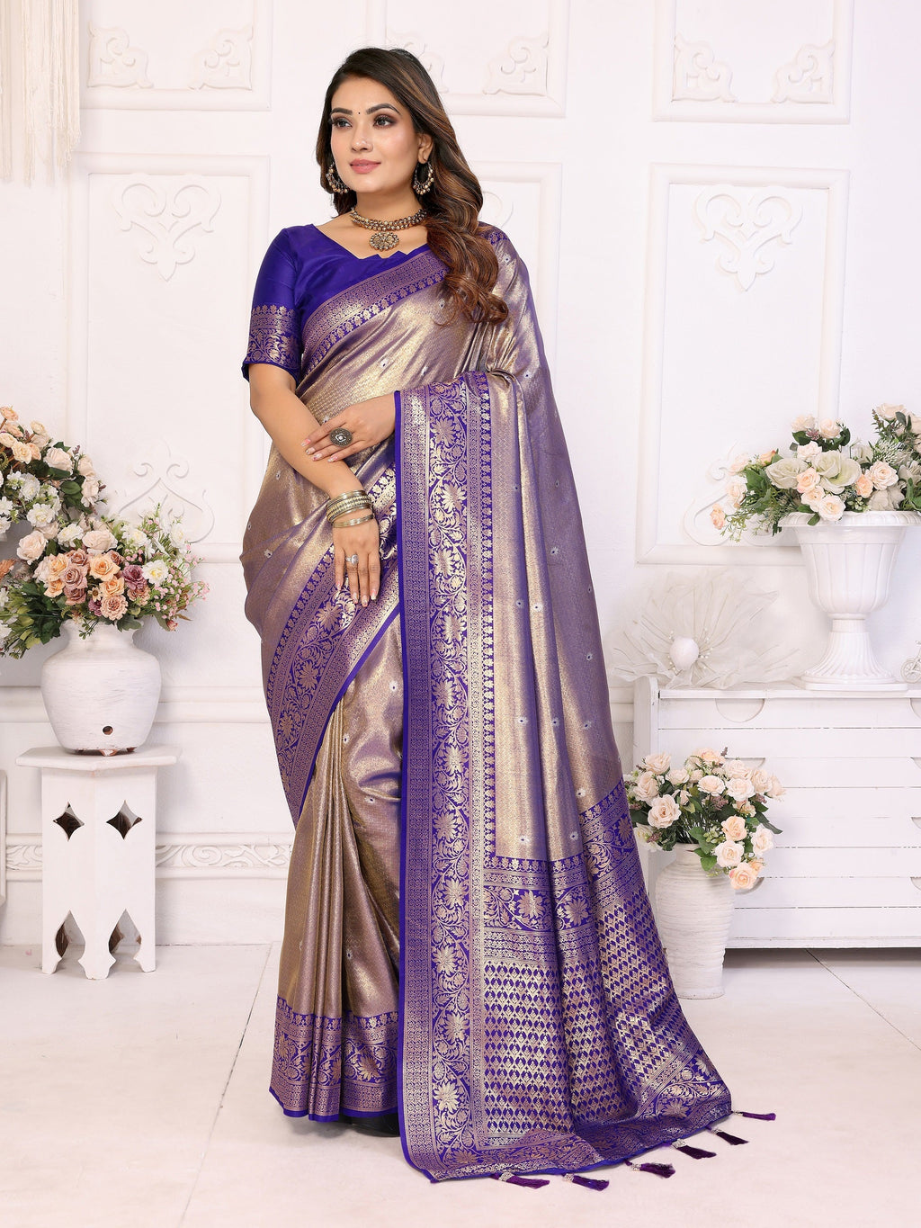 Vedant Vastram Tissue Silk Kanjeevaram Silk Saree - Blue