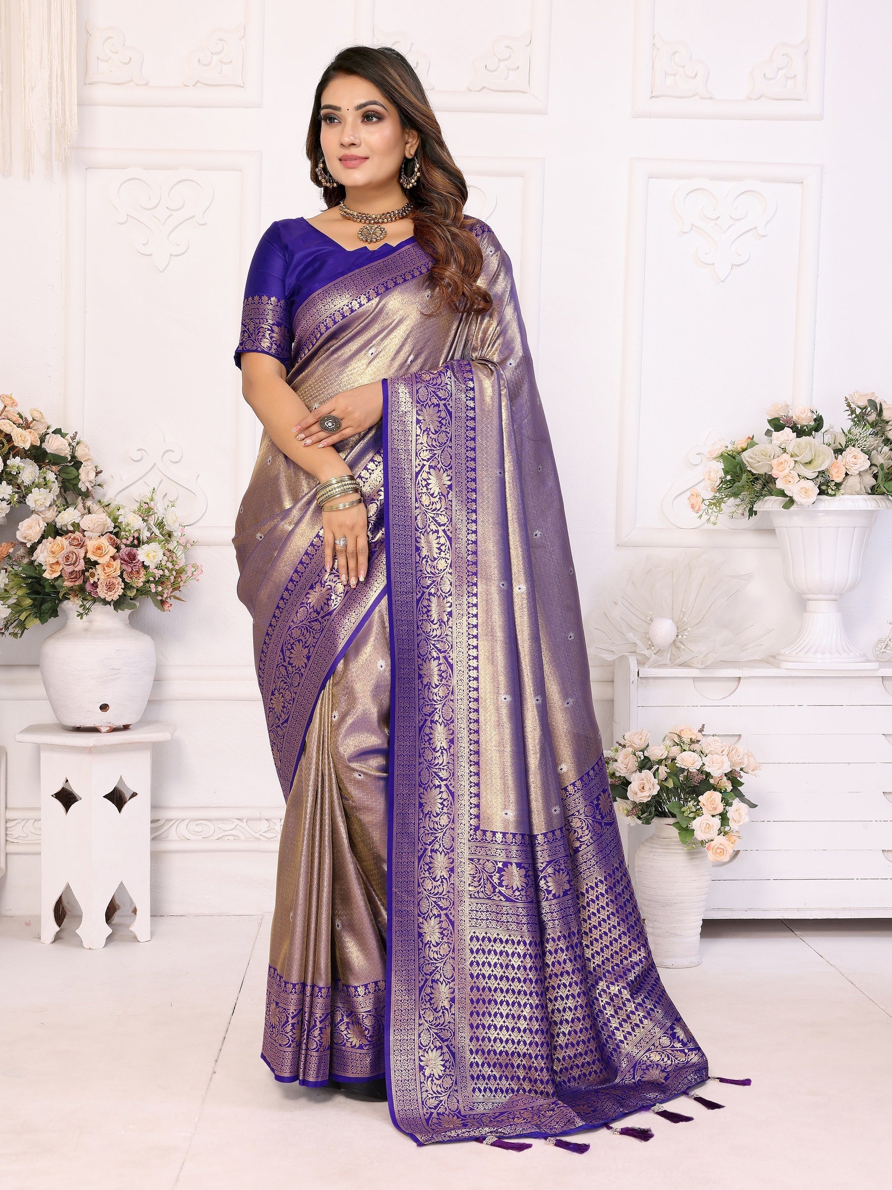 Vedant Vastram Tissue Silk Kanjeevaram Silk Saree - Blue